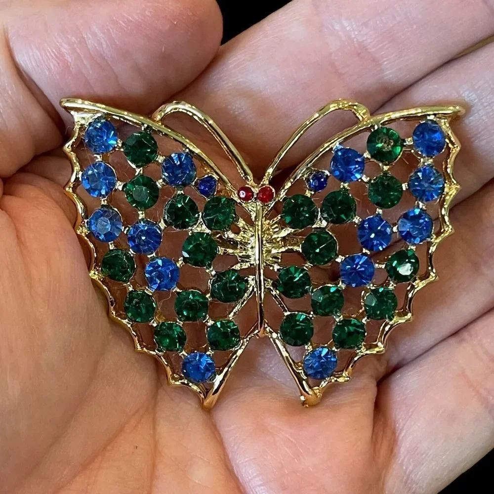 Vintage Blue Green Red Rhinestone Butterfly Figural Brooch Pin + Original Box
